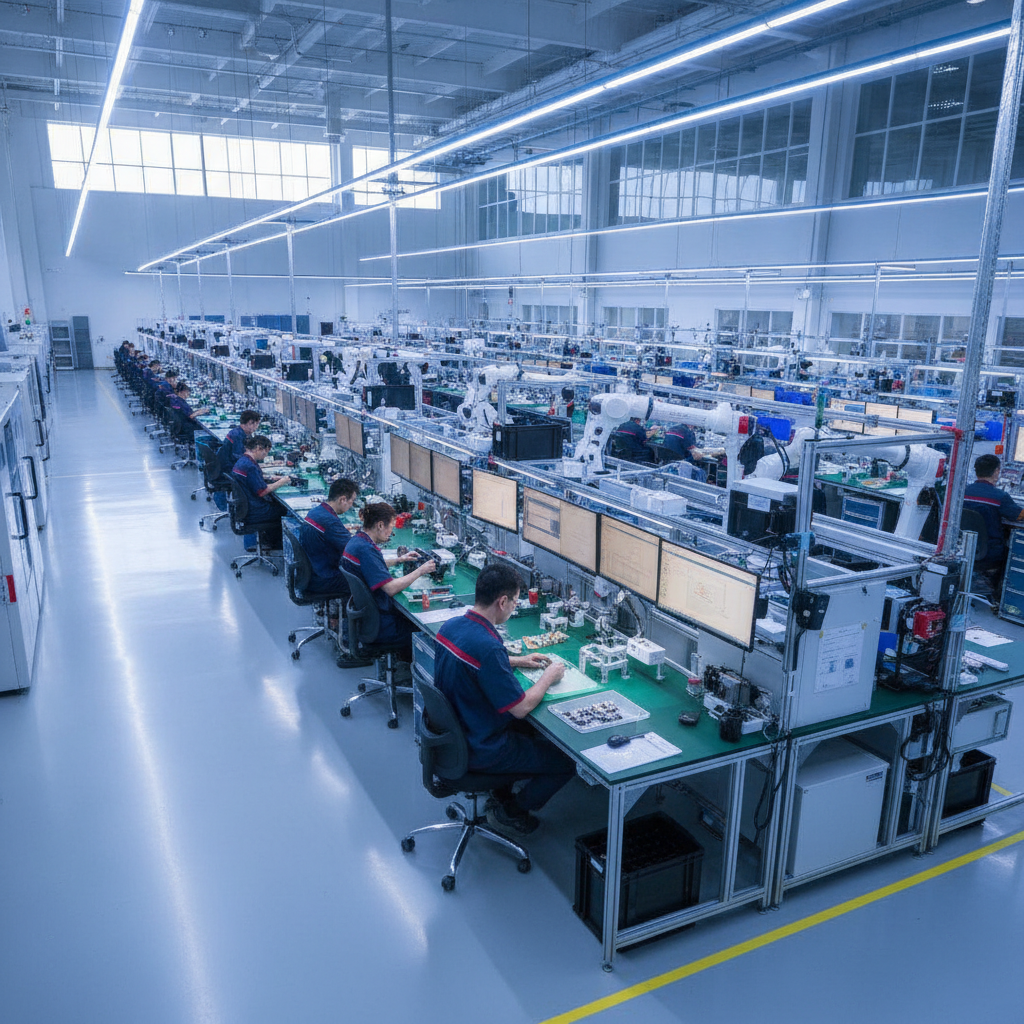 Precision manufacturing plant floor with workers assembling American-made products